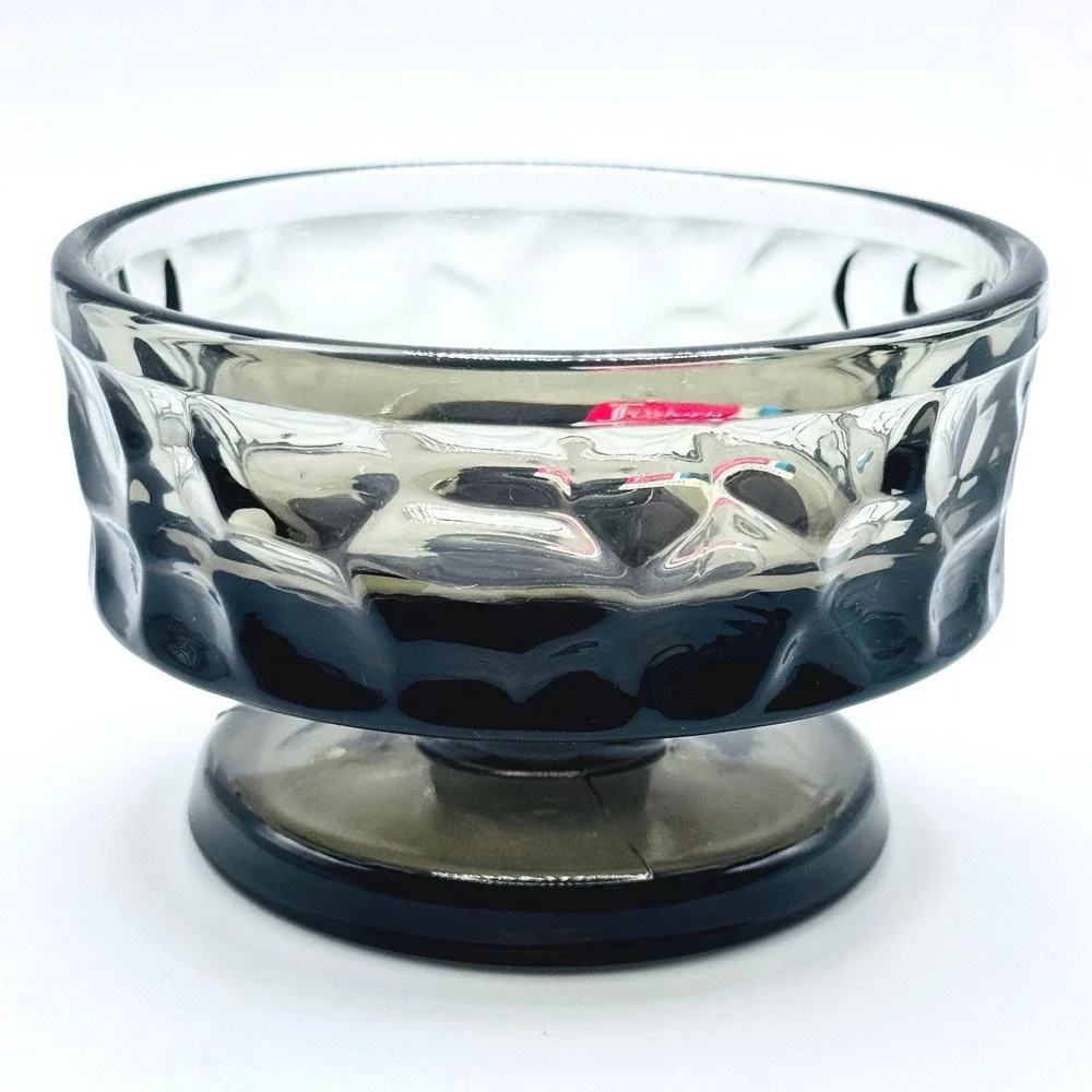 Fostoria Pebble Beach Smoke Gray Glass Pedestal‎ Dessert Bowl Thumbprint Sticker